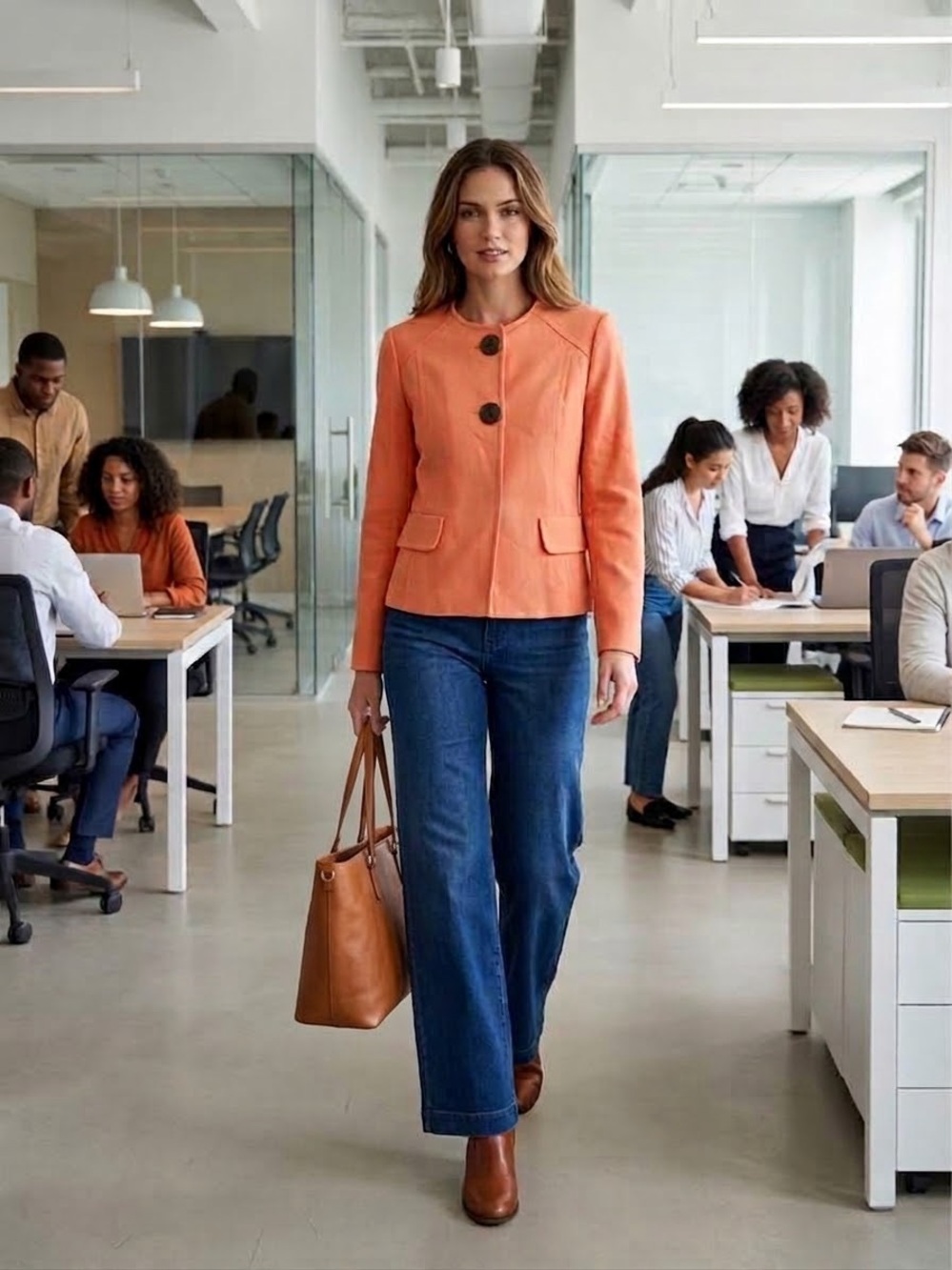 Margaret Frances Coral Orange Collarless Blazer with Big Brown Buttons